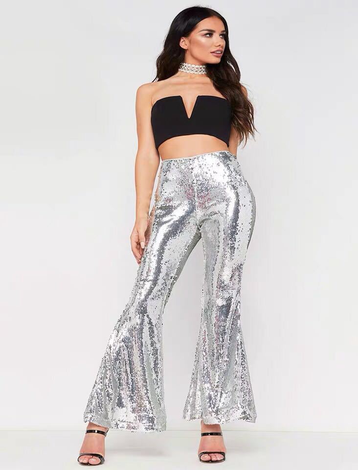 Pantalon évasé sexy à paillettes multicolores pour femme