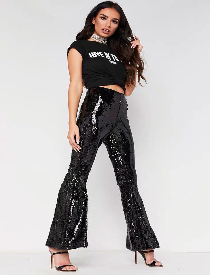 Pantalon évasé sexy à paillettes multicolores pour femme