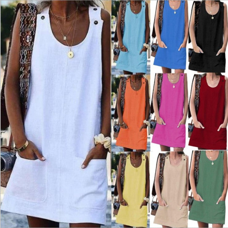 Women's Summer Pocket Button Cotton Linen Suspender Dresses