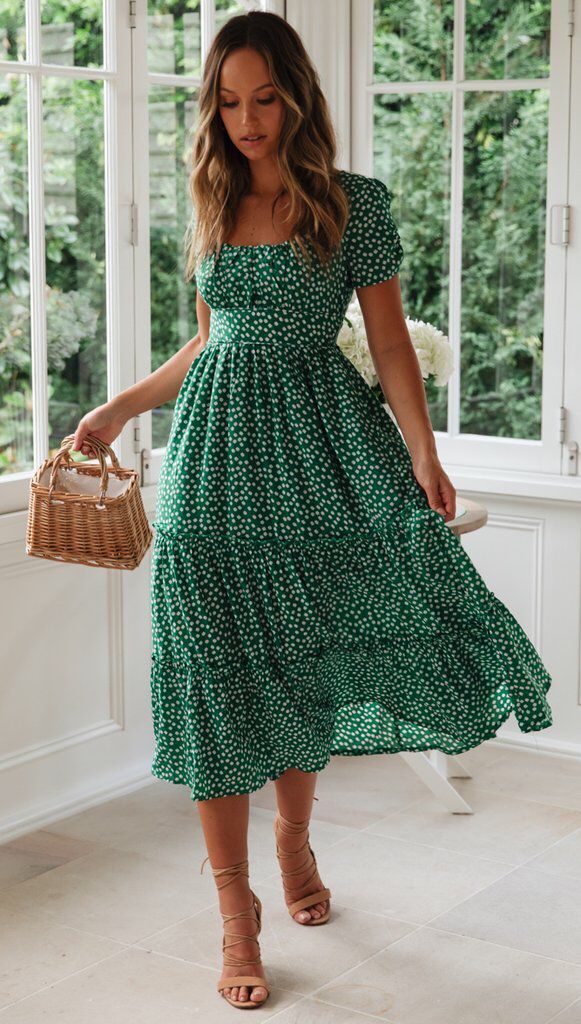 Square Collar Puff Sleeve Floral Long Dresses