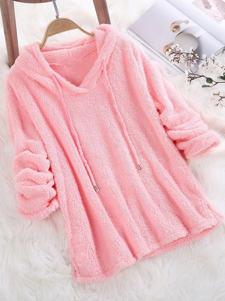 Women's Solid Color Long Sleeve Hooded Plush Fleece Pajamas Sweaters