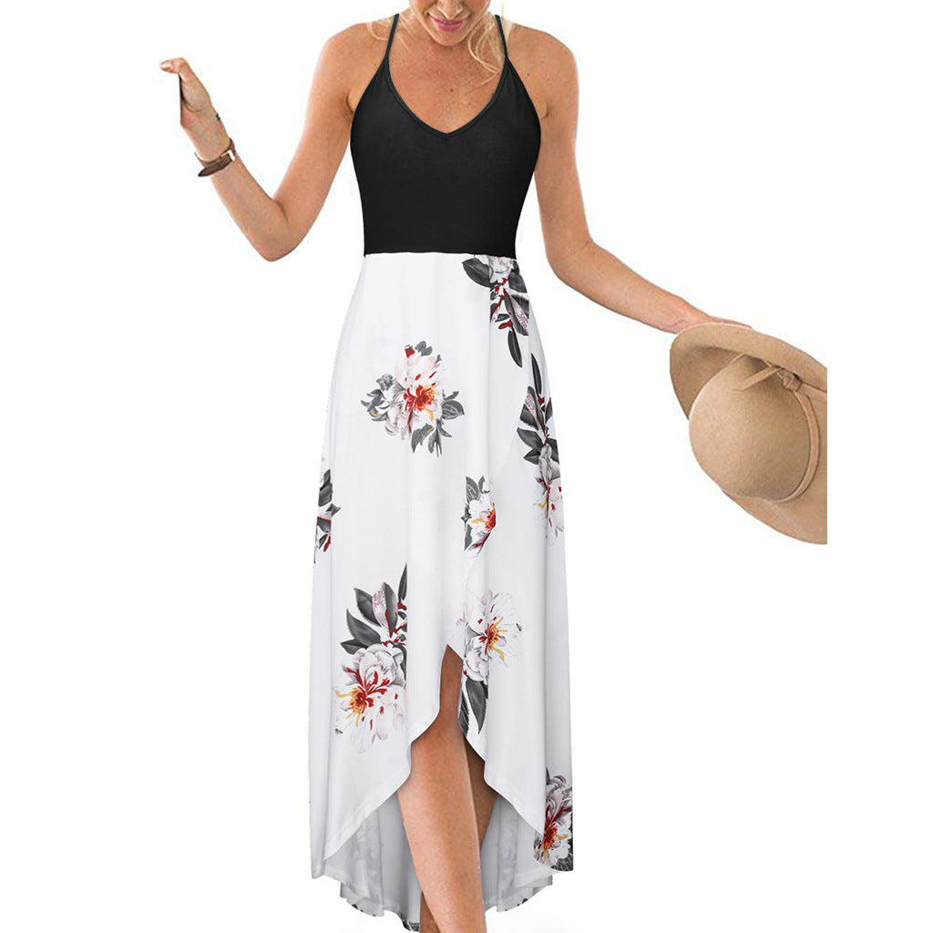 Women's V-neck Sleeveless Strap Backless Color Printed Dresses