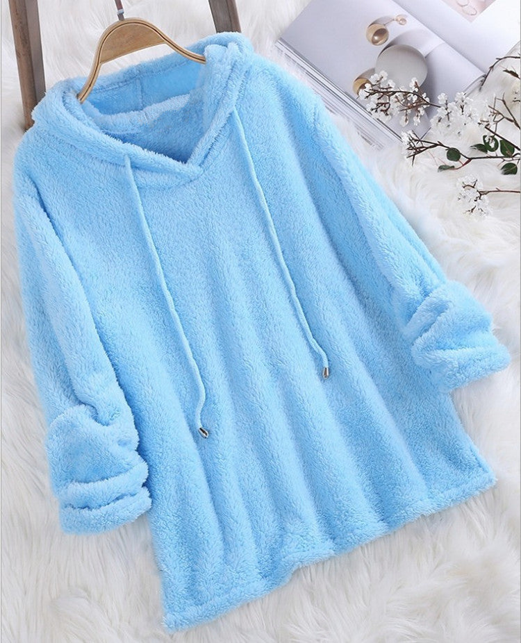 Women's Solid Color Long Sleeve Hooded Plush Fleece Pajamas Sweaters