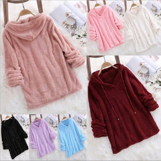 Women's Solid Color Long Sleeve Hooded Plush Fleece Pajamas Sweaters