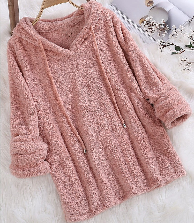 Women's Solid Color Long Sleeve Hooded Plush Fleece Pajamas Sweaters