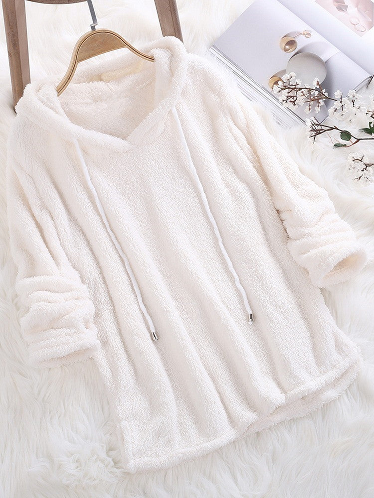 Women's Solid Color Long Sleeve Hooded Plush Fleece Pajamas Sweaters