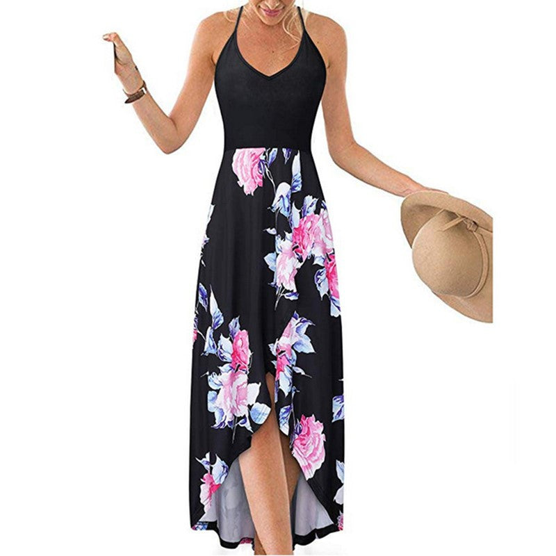 Women's V-neck Sleeveless Strap Backless Color Printed Dresses