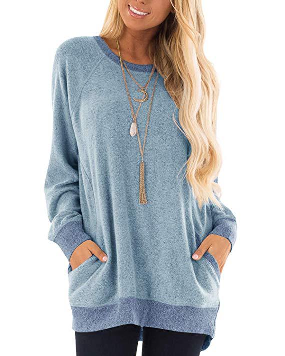 Women's Neck Color Pocket Long Sleeve Pullover Sweaters