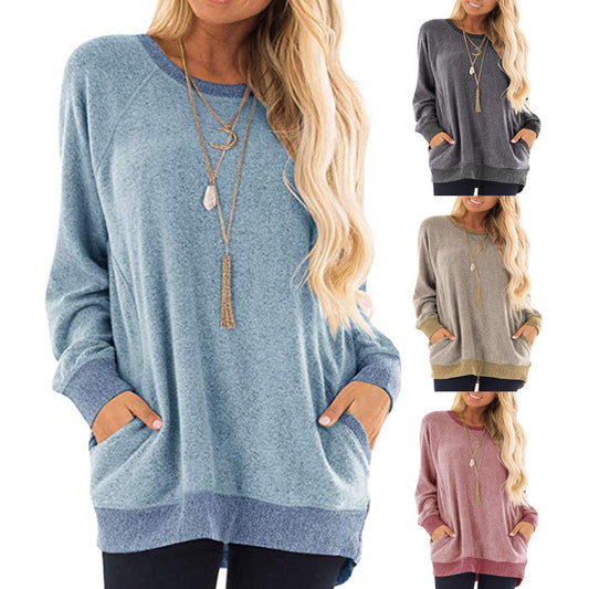 Women's Neck Color Pocket Long Sleeve Pullover Sweaters