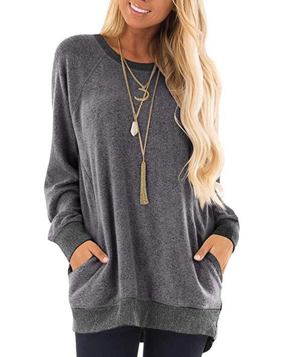 Women's Neck Color Pocket Long Sleeve Pullover Sweaters