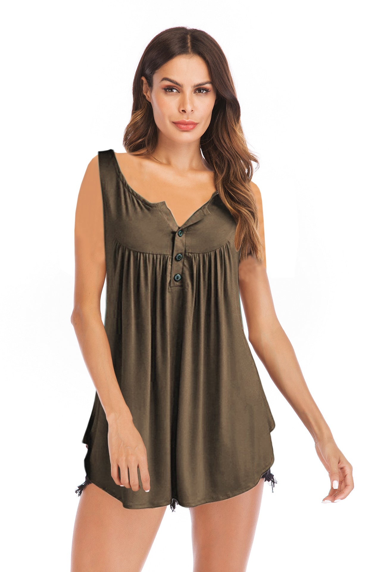 V-neck Buttons Pleating T-shirt Solid Color Blouses