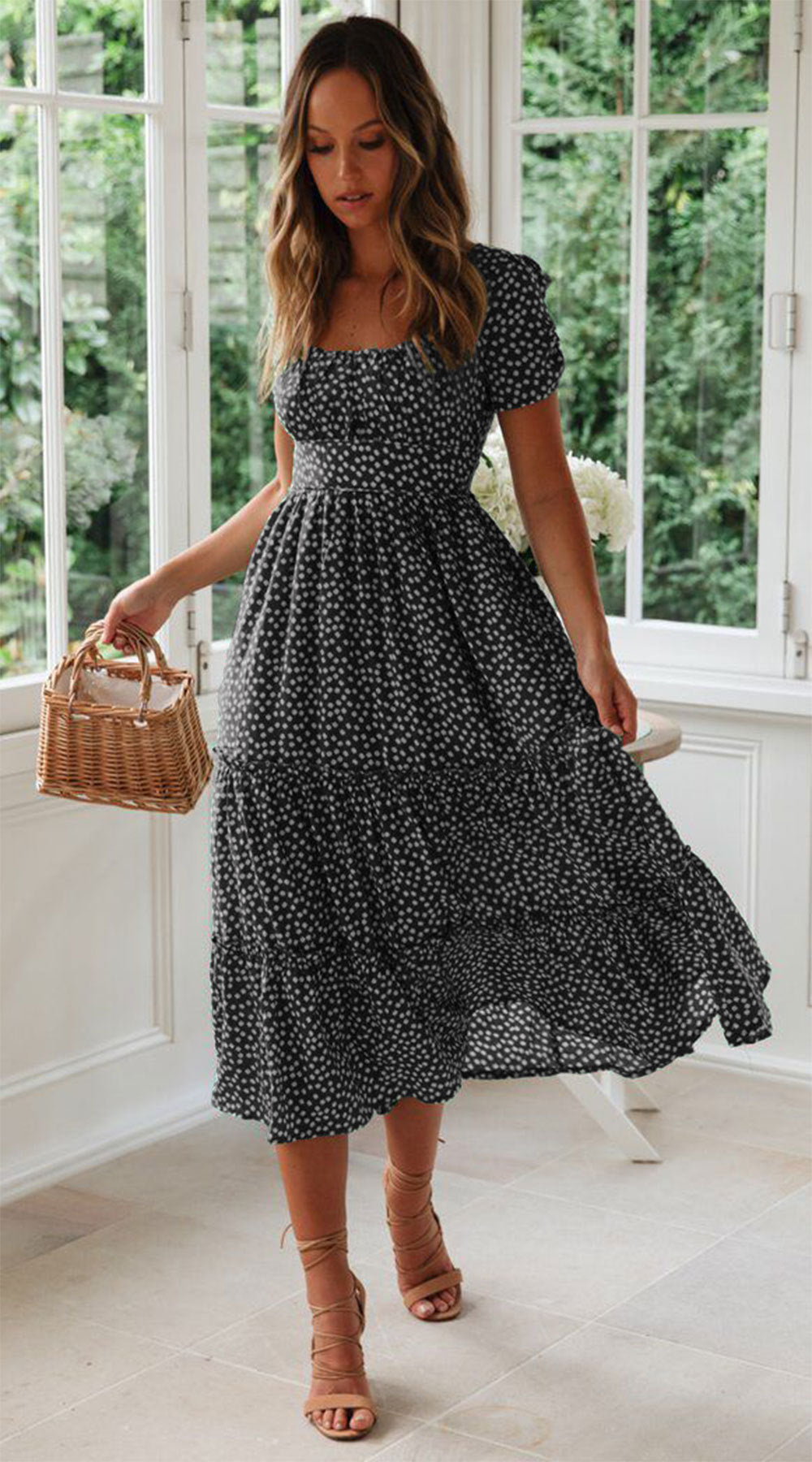 Square Collar Puff Sleeve Floral Long Dresses