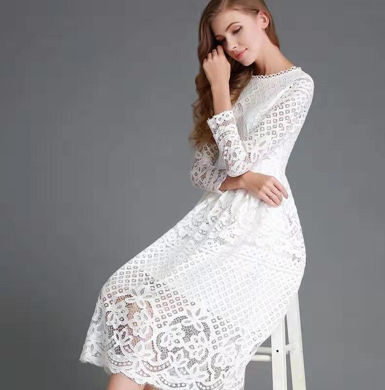 Women's Autumn White Round Neck Lace Long Sleeve Slim Dresses