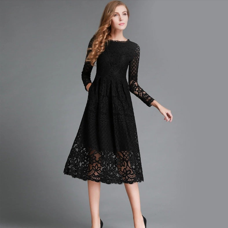 Women's Autumn White Round Neck Lace Long Sleeve Slim Dresses