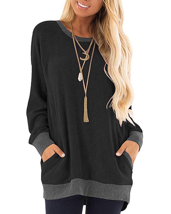 Women's Neck Color Pocket Long Sleeve Pullover Sweaters