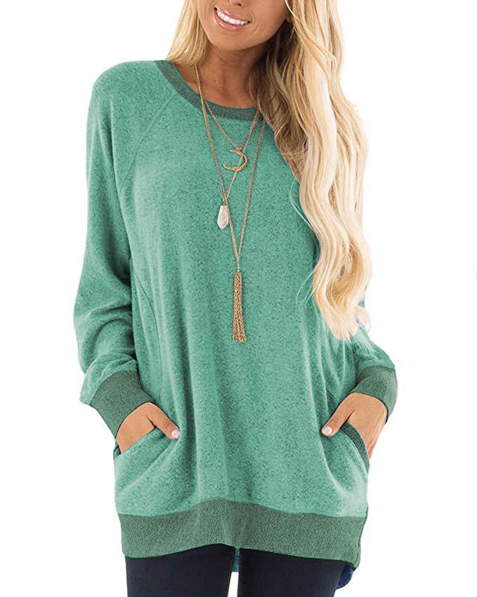 Women's Neck Color Pocket Long Sleeve Pullover Sweaters