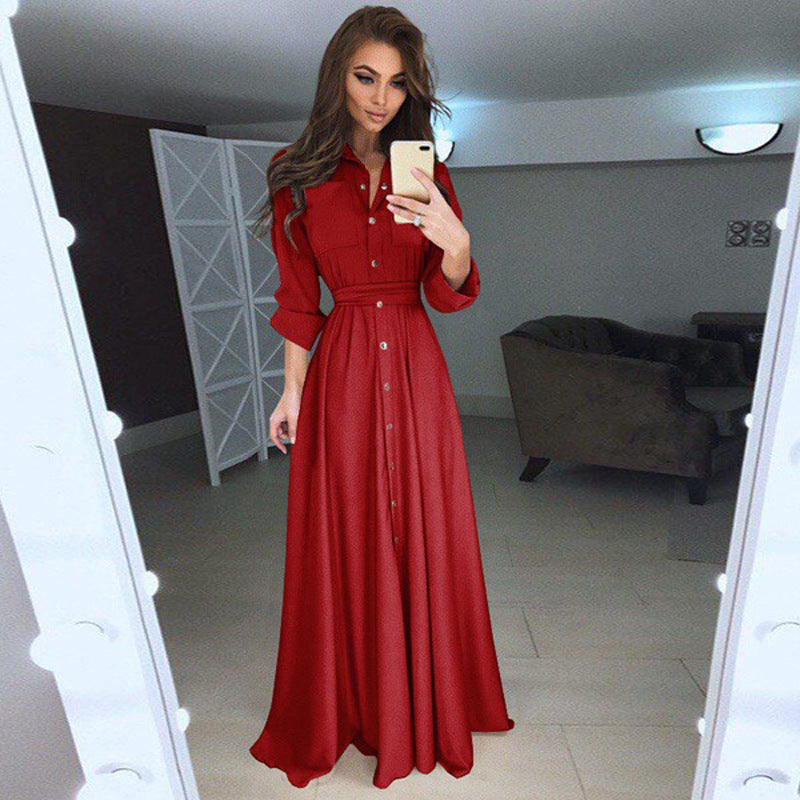 Women's Slim-fit Long-sleeved Button Self-tie 5-color 8-size Dresses