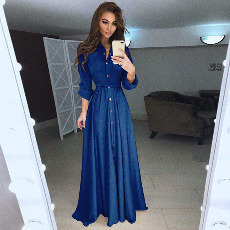 Women's Slim-fit Long-sleeved Button Self-tie 5-color 8-size Dresses