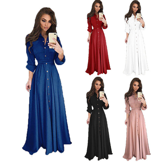 Women's Slim-fit Long-sleeved Button Self-tie 5-color 8-size Dresses