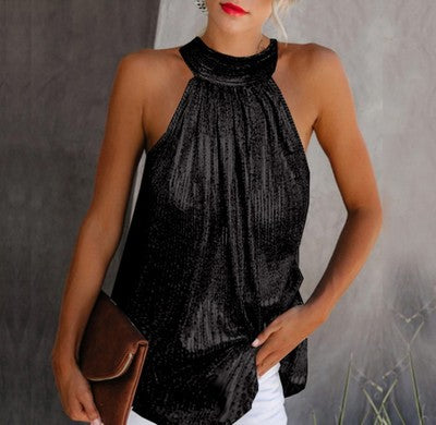 Women's Double Halter Zipper Sleeveless T-shirt Casual Blouses