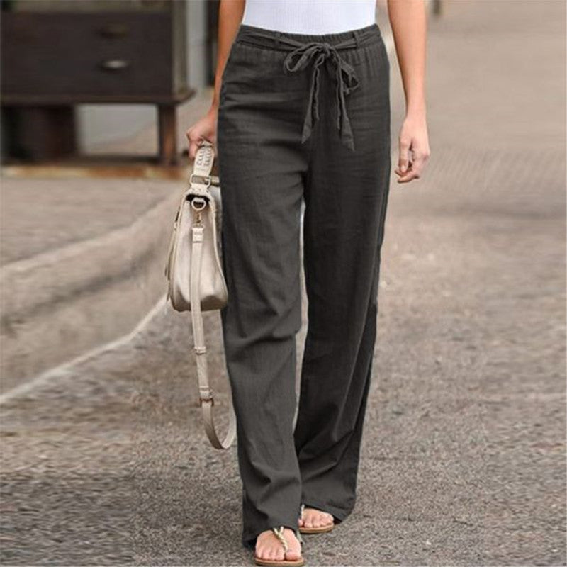 Women's Summer Elastic Waist Solid Color Cotton Linen Wide Pants