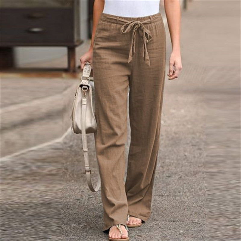 Women's Summer Elastic Waist Solid Color Cotton Linen Wide Pants