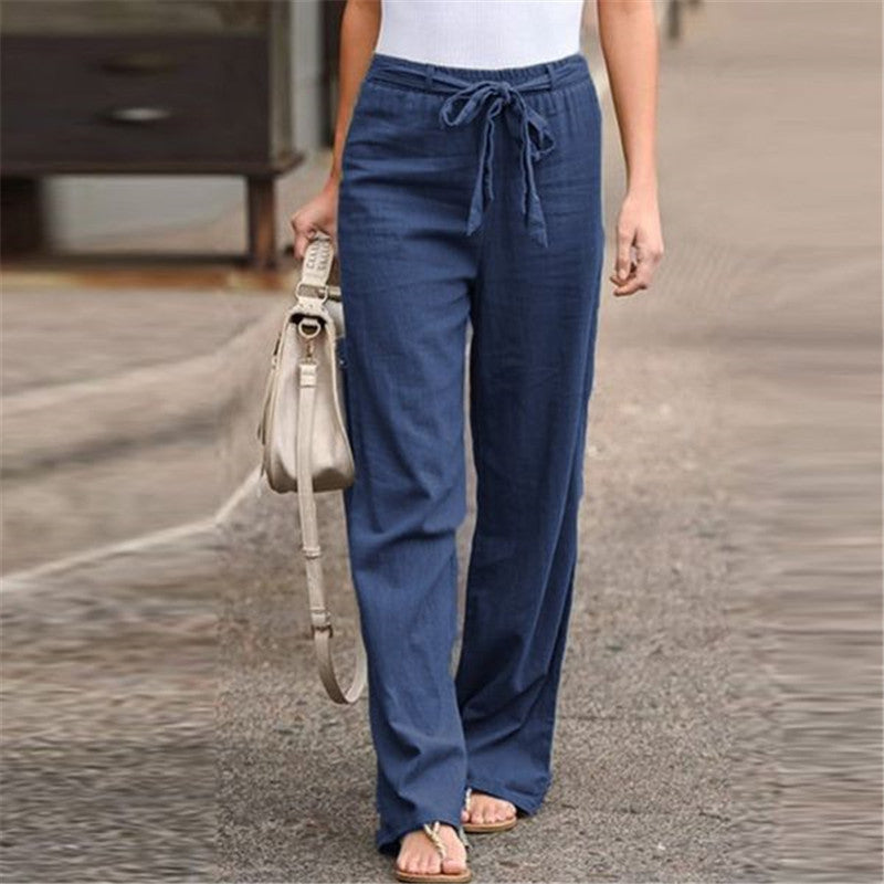 Women's Summer Elastic Waist Solid Color Cotton Linen Wide Pants