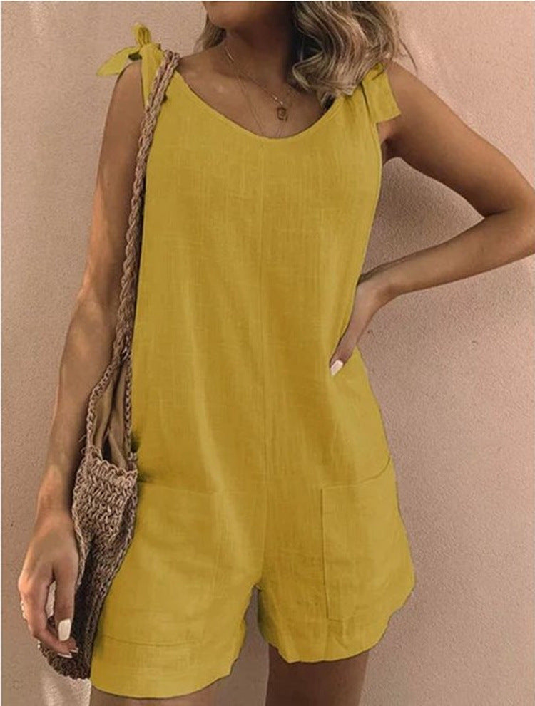 Women's Summer Solid Color Cotton And Linen Jumpsuits