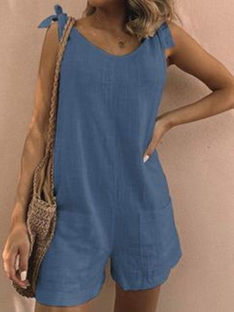 Women's Summer Solid Color Cotton And Linen Jumpsuits