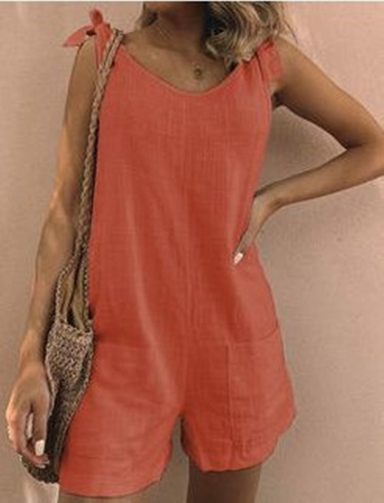 Women's Summer Solid Color Cotton And Linen Jumpsuits