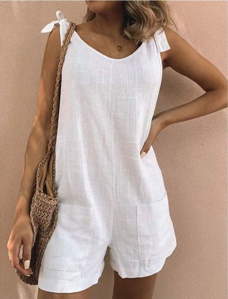 Women's Summer Solid Color Cotton And Linen Jumpsuits