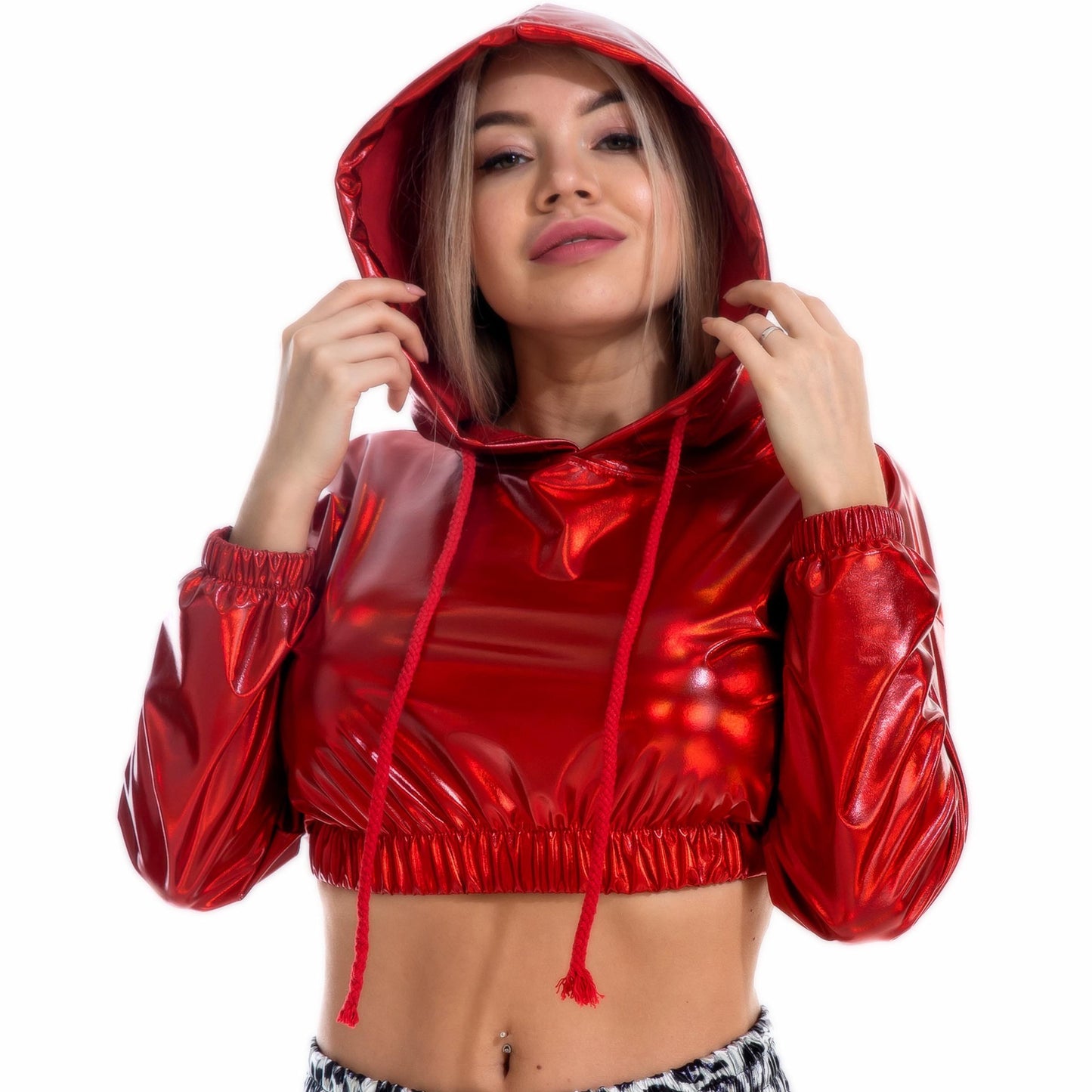 Leather Sexy Midriff-baring Long Sleeve Hooded Sweaters