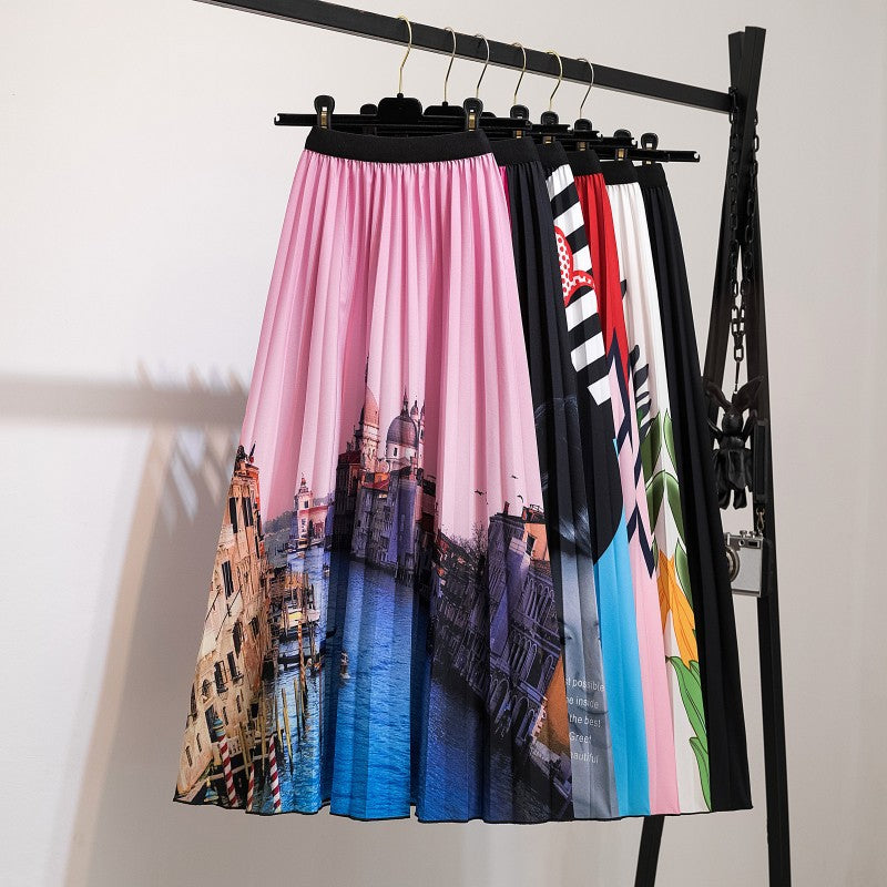 Women's New Half Printed Cartoon Pleated Skirts