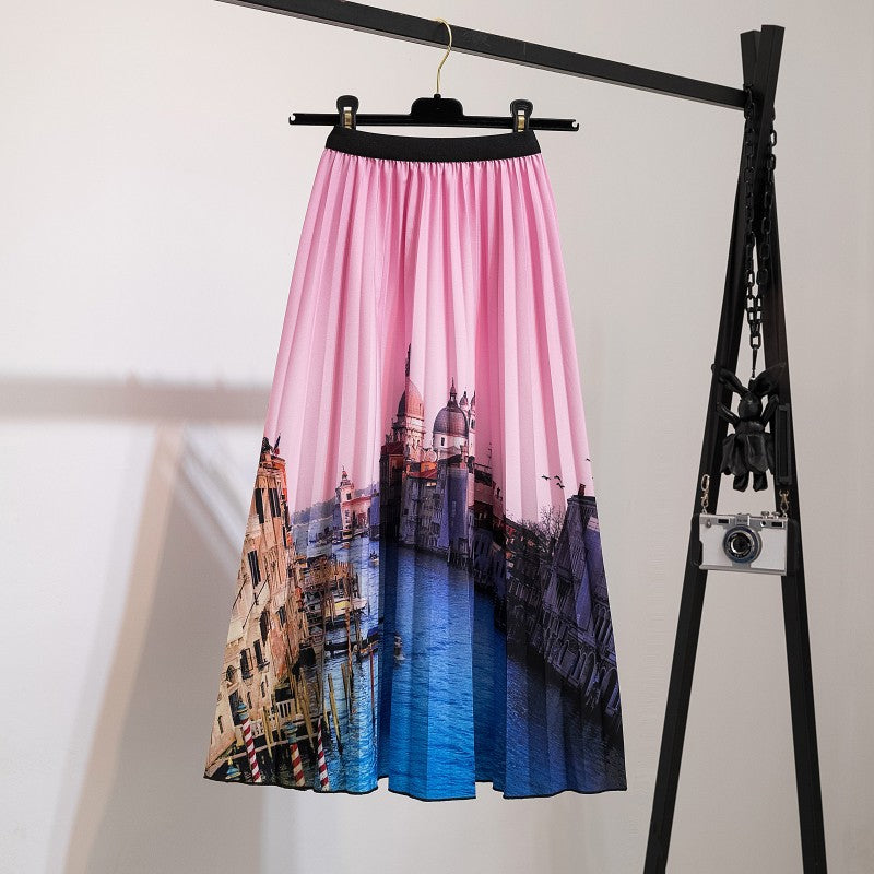 Women's New Half Printed Cartoon Pleated Skirts