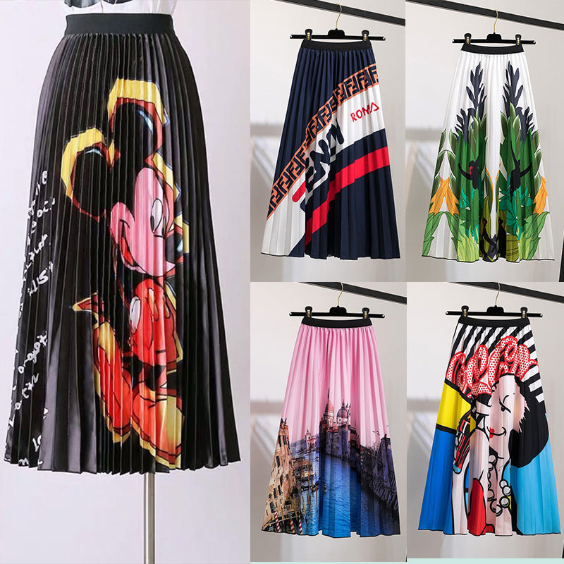 Women's New Half Printed Cartoon Pleated Skirts