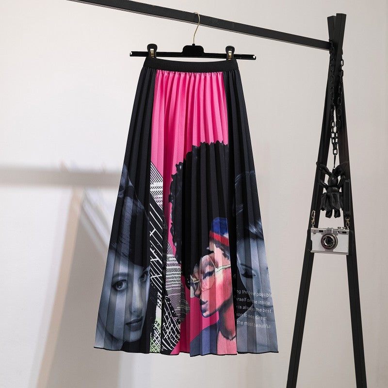 Women's New Half Printed Cartoon Pleated Skirts