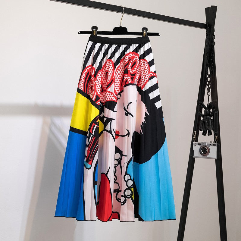 Women's New Half Printed Cartoon Pleated Skirts