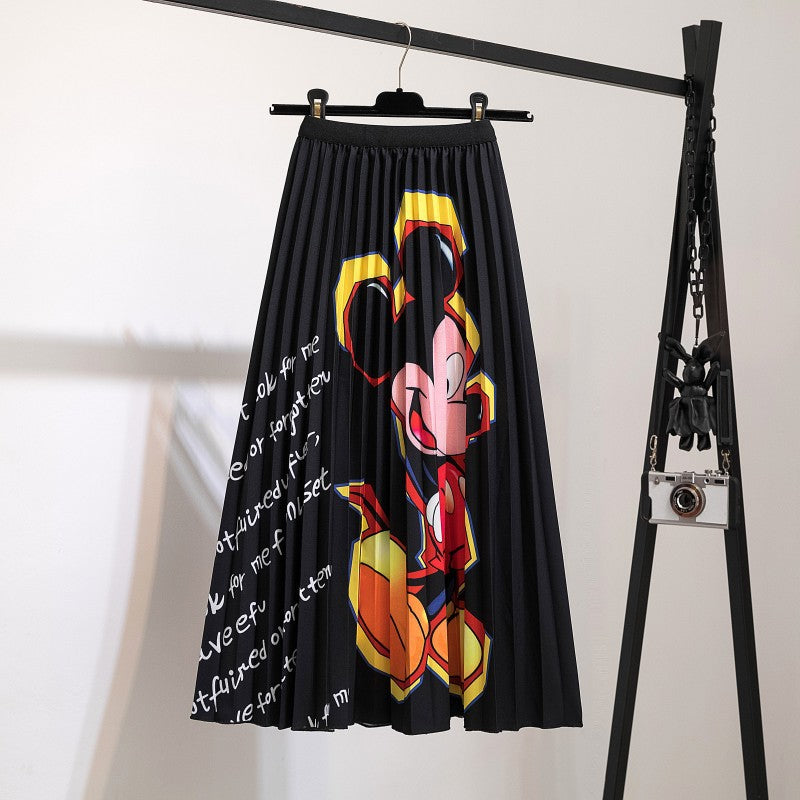 Women's New Half Printed Cartoon Pleated Skirts