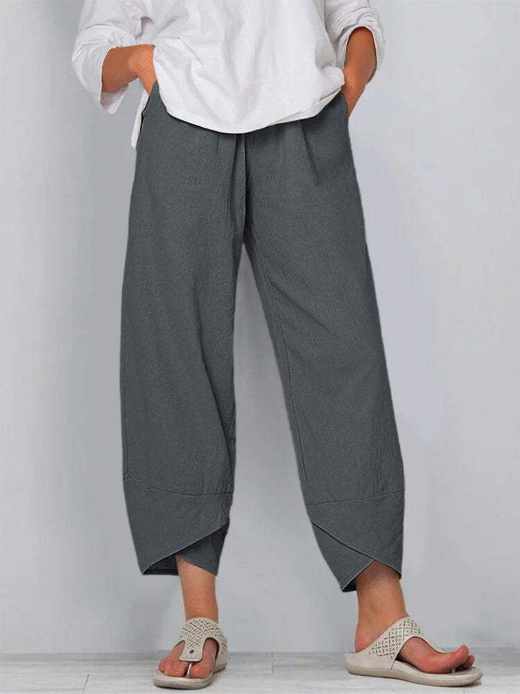 Pantalon décontracté ample en coton et lin à taille élastique pour femme