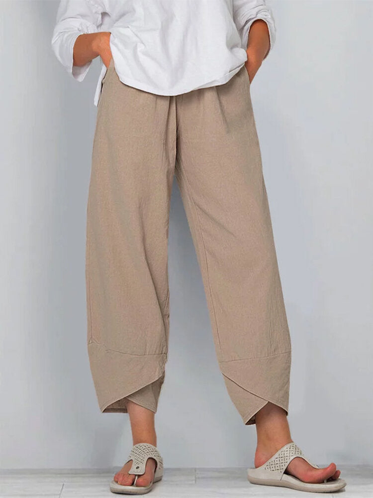 Pantalon décontracté ample en coton et lin à taille élastique pour femme