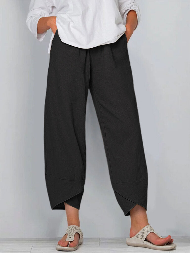 Pantalon décontracté ample en coton et lin à taille élastique pour femme