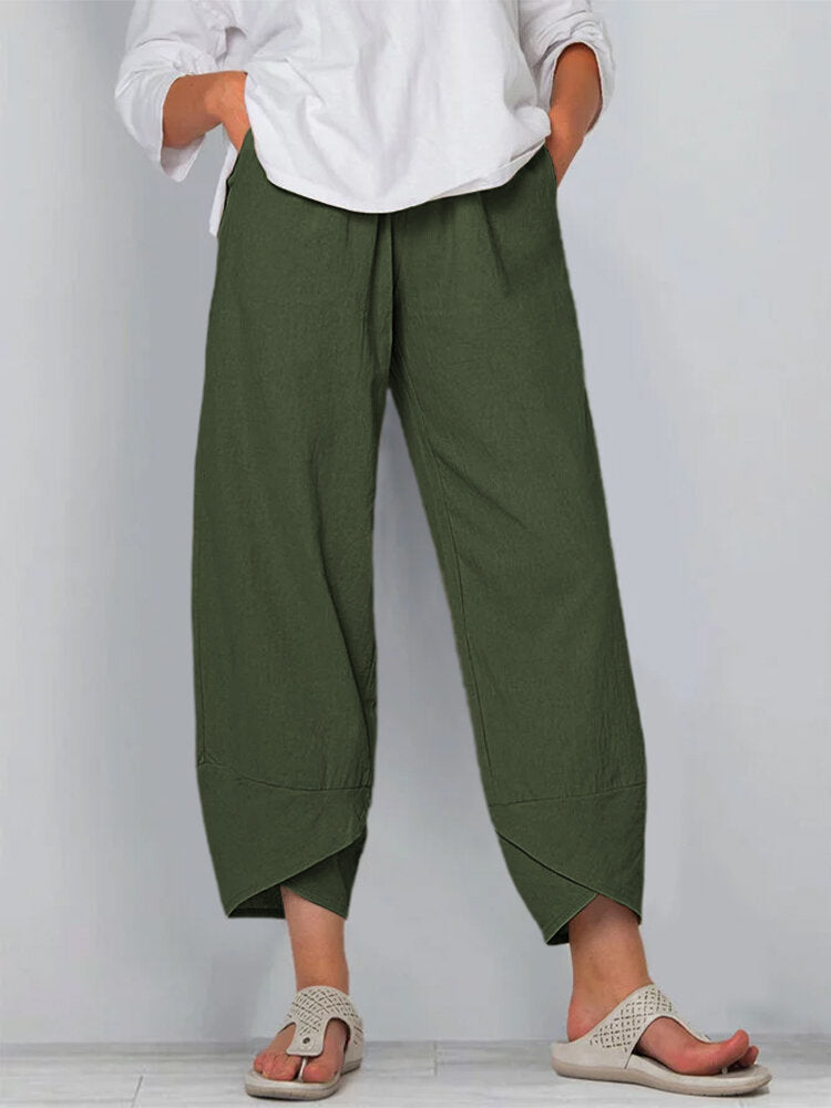 Pantalon décontracté ample en coton et lin à taille élastique pour femme