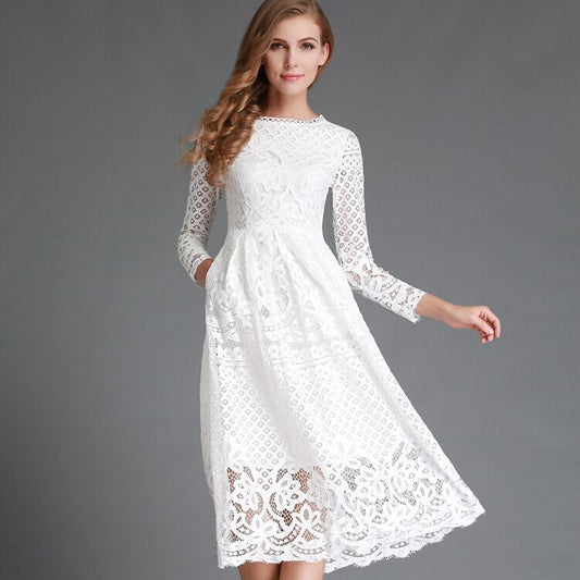 Women's Autumn White Round Neck Lace Long Sleeve Slim Dresses