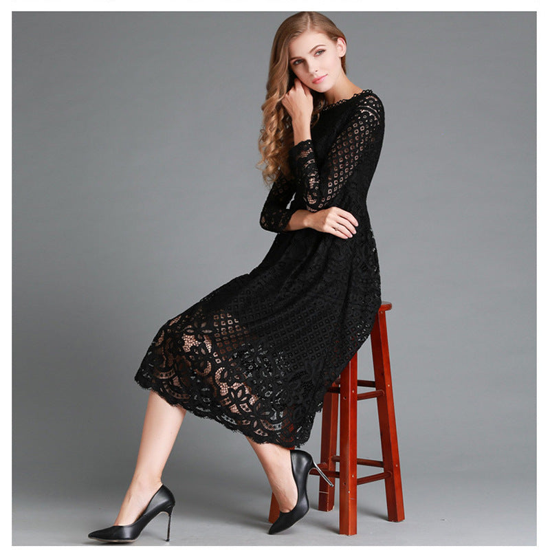 Women's Autumn White Round Neck Lace Long Sleeve Slim Dresses