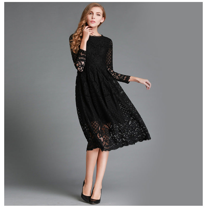 Women's Autumn White Round Neck Lace Long Sleeve Slim Dresses