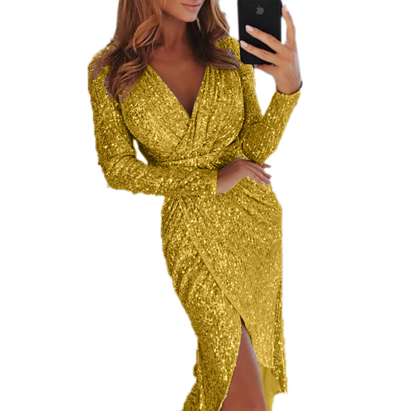 Women's Sexy Long-sleeved Midi V-neck Slim Dress Dresses