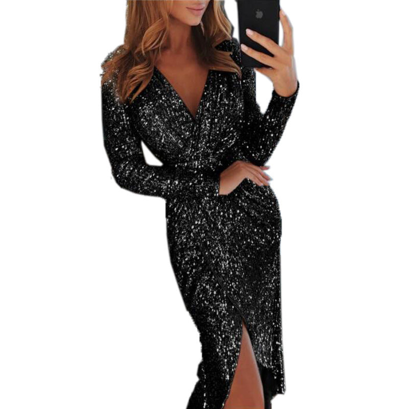 Women's Sexy Long-sleeved Midi V-neck Slim Dress Dresses