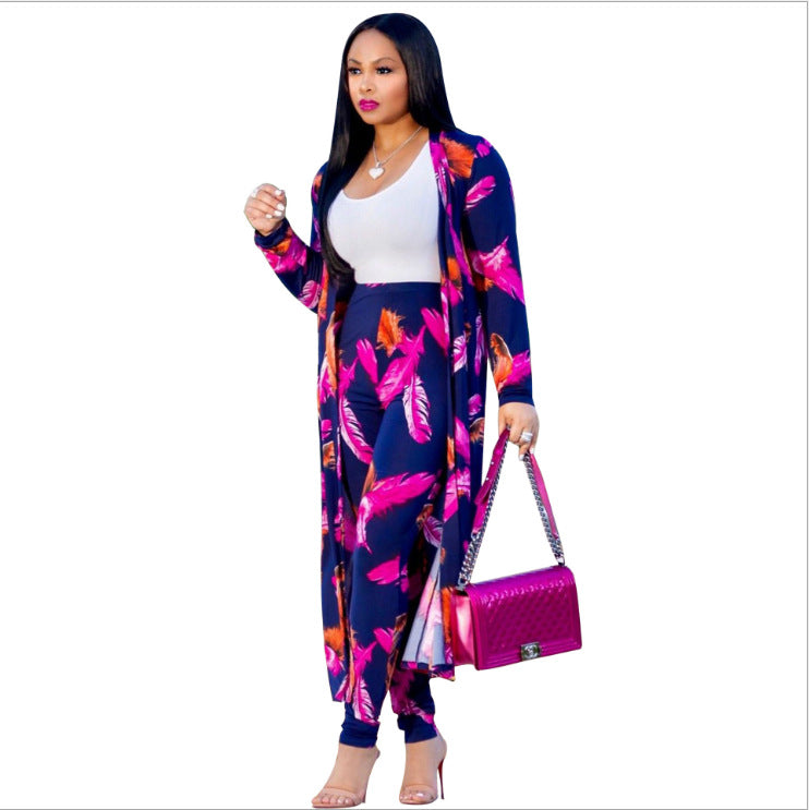 Women's New Long-sleeved Printed Cloak Two-piece Suits