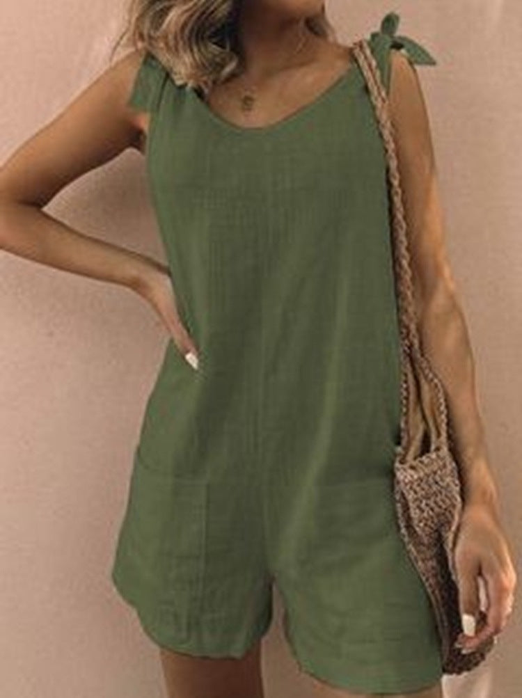 Women's Summer Solid Color Cotton And Linen Jumpsuits