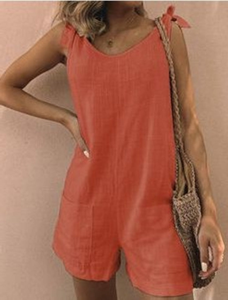 Women's Summer Solid Color Cotton And Linen Jumpsuits